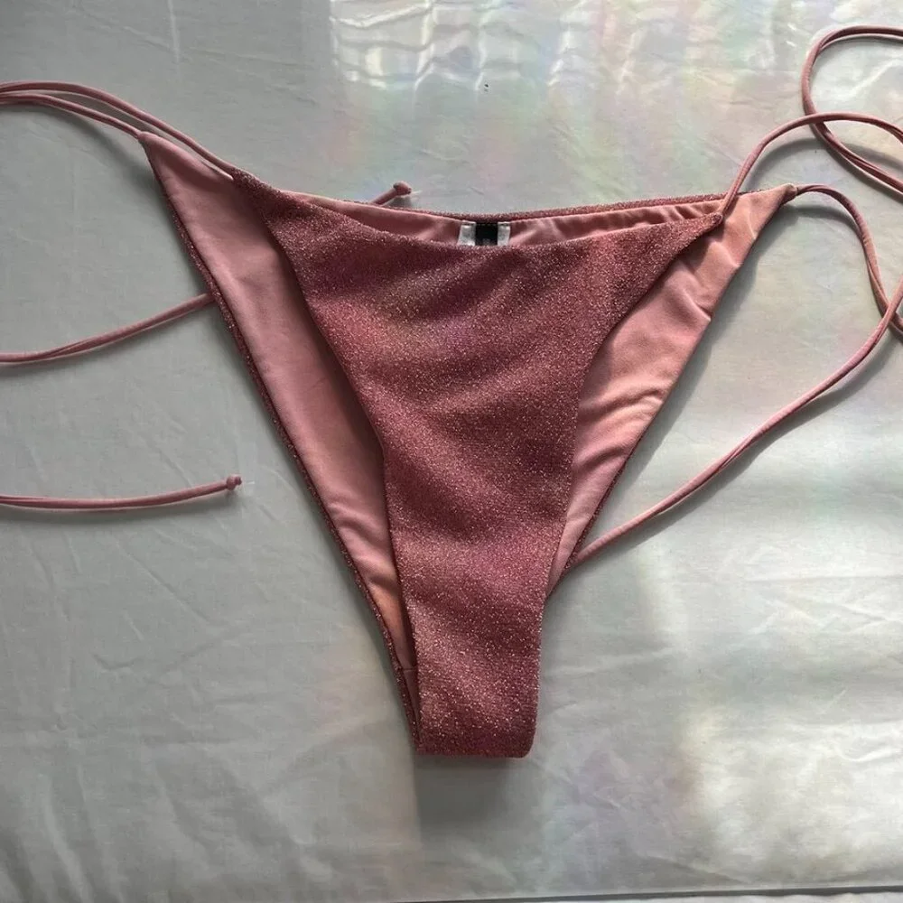 PrettyLittleThing Shimmer Tie Side Bikini Bottom Rose Pink Women’s 8